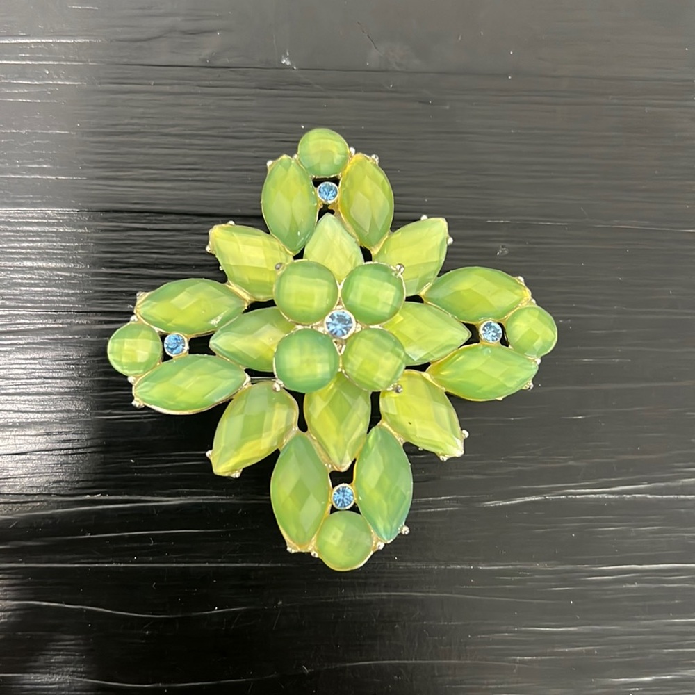 Silvertone Sea Green Brooch with Blue Rinestones marked with W